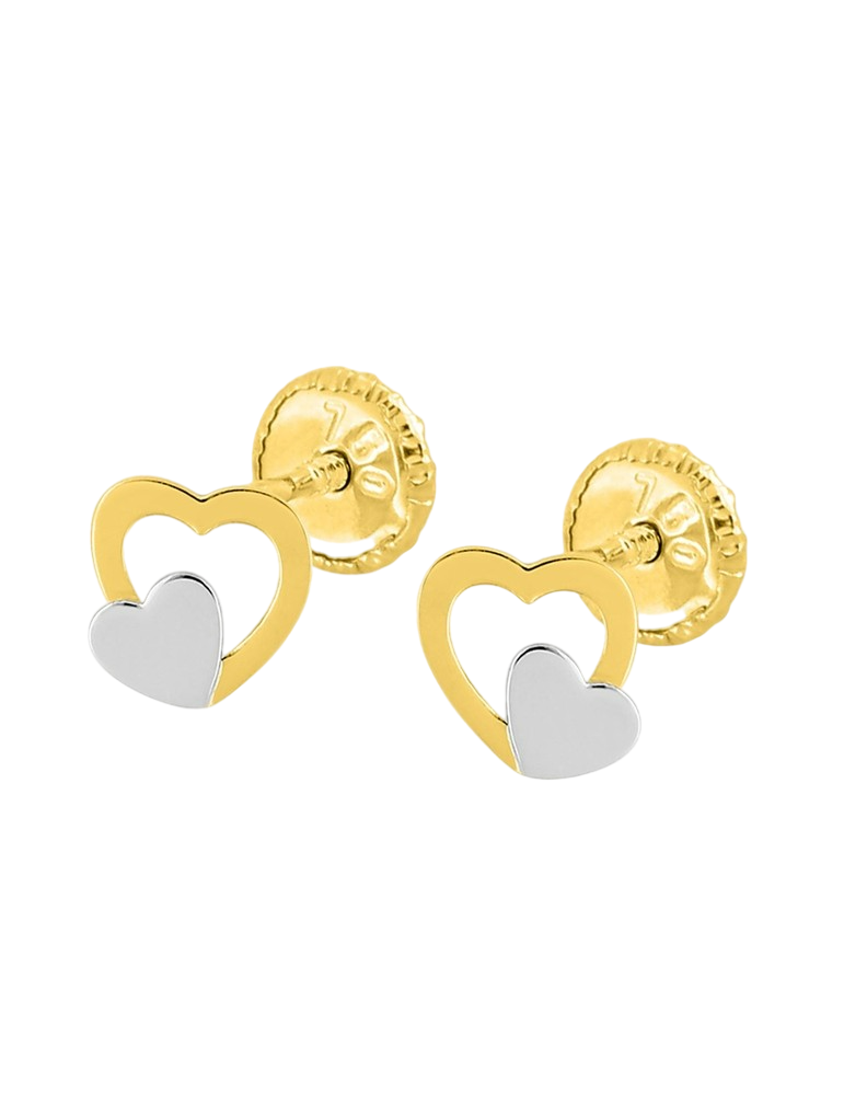 Boucles d'Oreilles à Vis Cœur- Or Bicolore 750‰