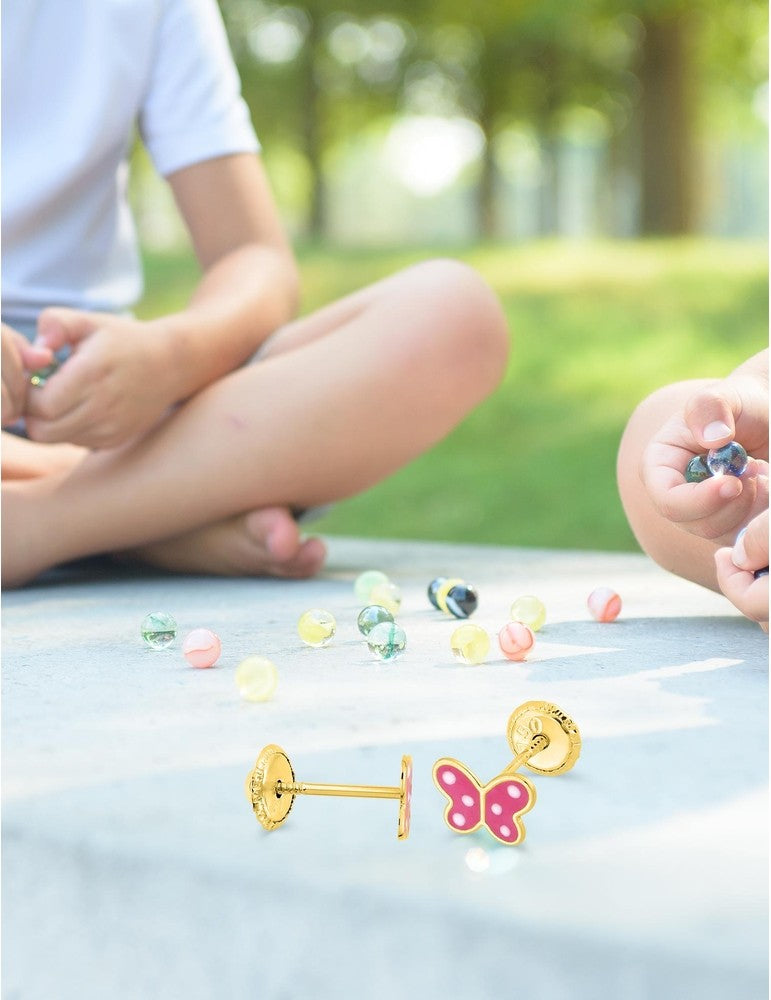 Boucles d'Oreilles à Vis Papillon Rose - Or Jaune 375‰