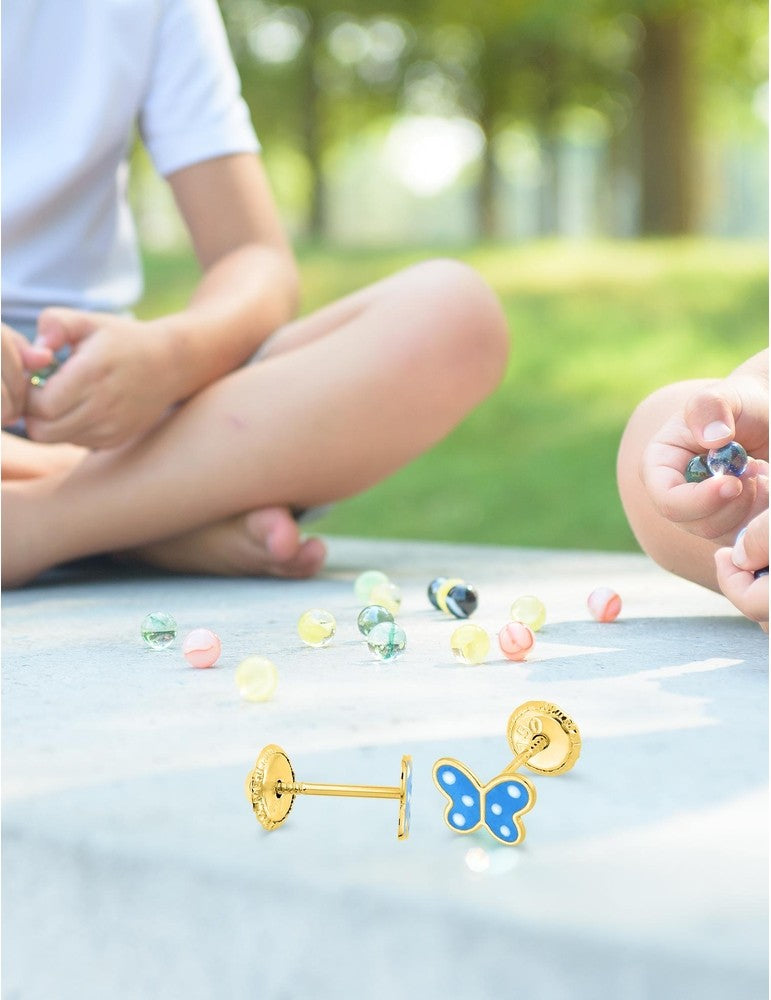 Boucles d'Oreilles Papillon Bleu - Plaqué Or