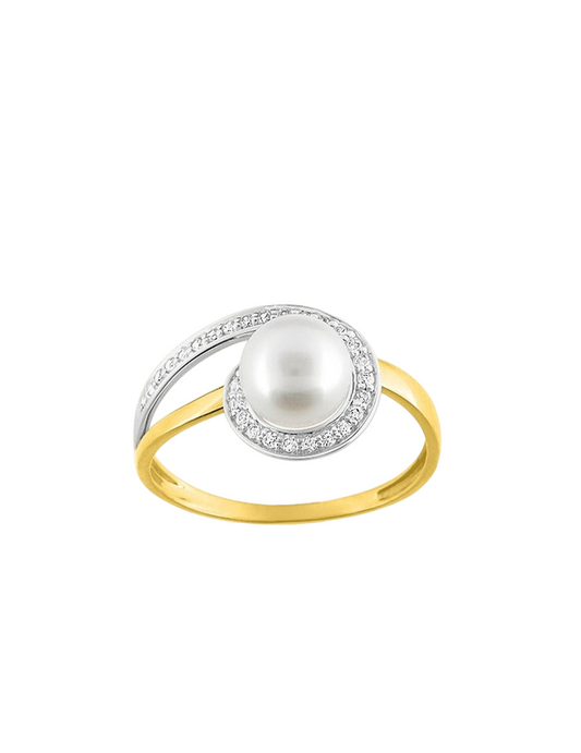 Bague Perle de Culture & Oxyde de Zirconium - Or Bicolore 375‰