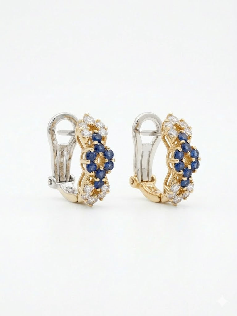 Boucles d'oreilles Clip Saphir & Diamants Or Jaune 750‰ - Bijoux D'occasion