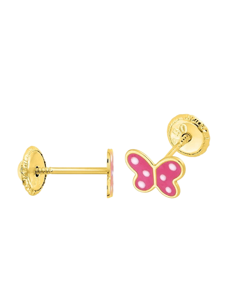 Boucles d'Oreilles à Vis Papillon Rose - Or Jaune 375‰